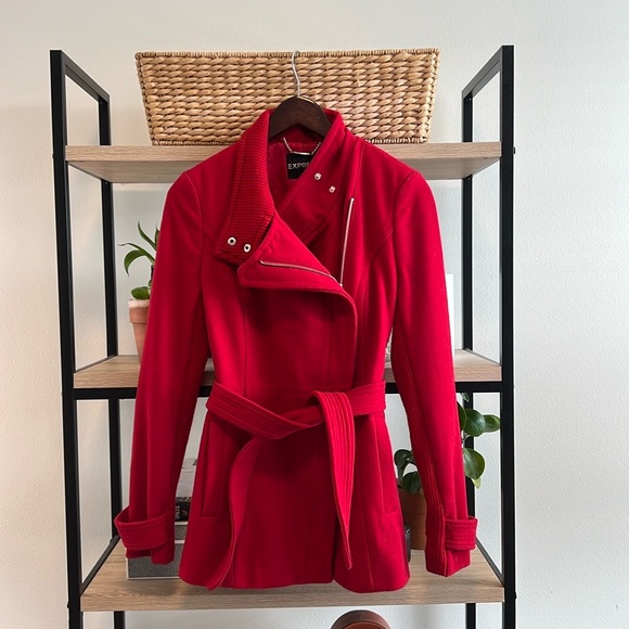 ✨♥️Express Zip Front Red Wool Blend Trench/P-Coat w/Pockets & Belt, Size~Small♥️ - Picture 1 of 8